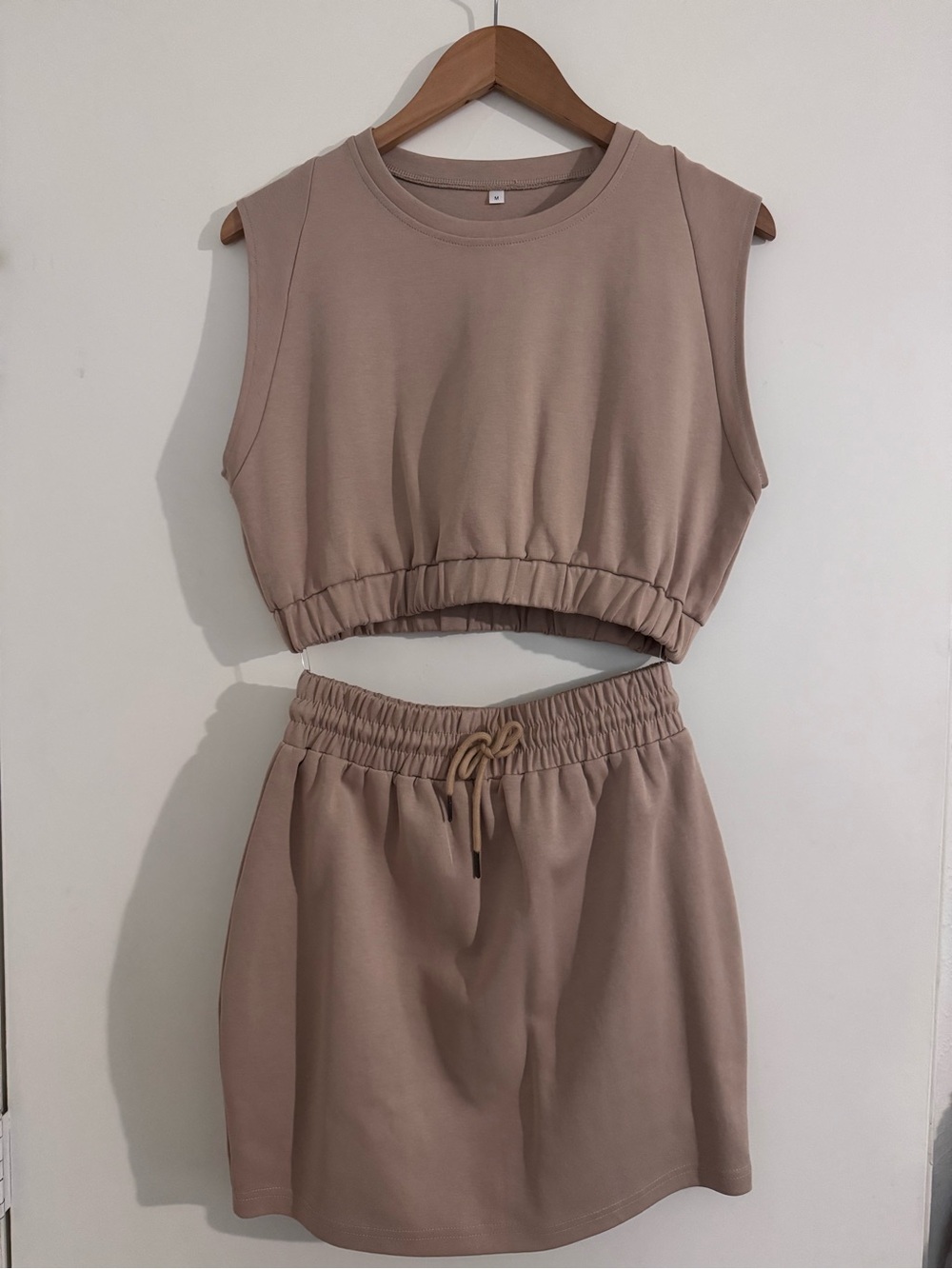 Sleeveless Crop Top & Drawstring Skirt Set - Tan